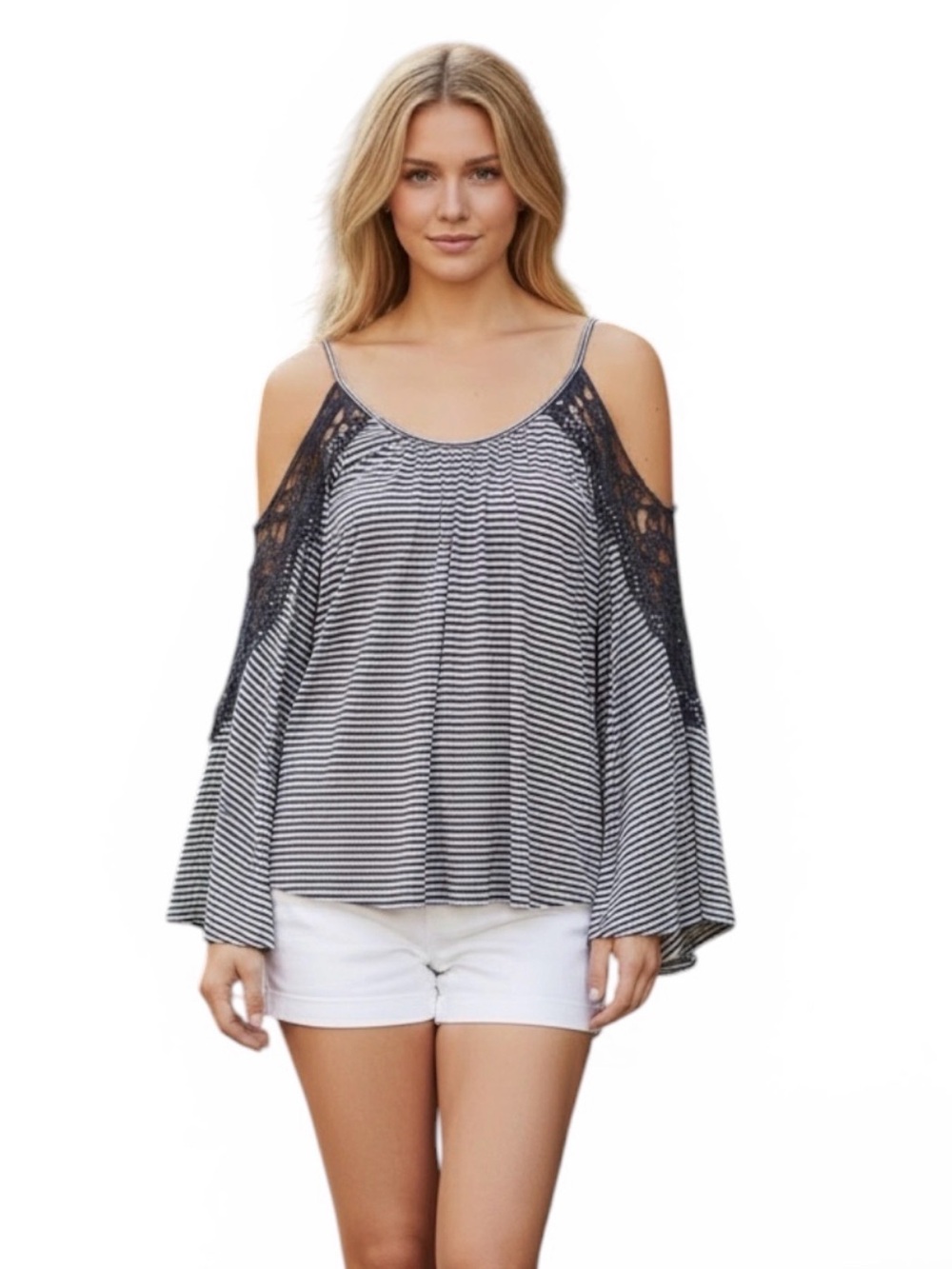 Vintage Havana Navy & White Striped Cold-Shoulder Crochet Lace Top, L